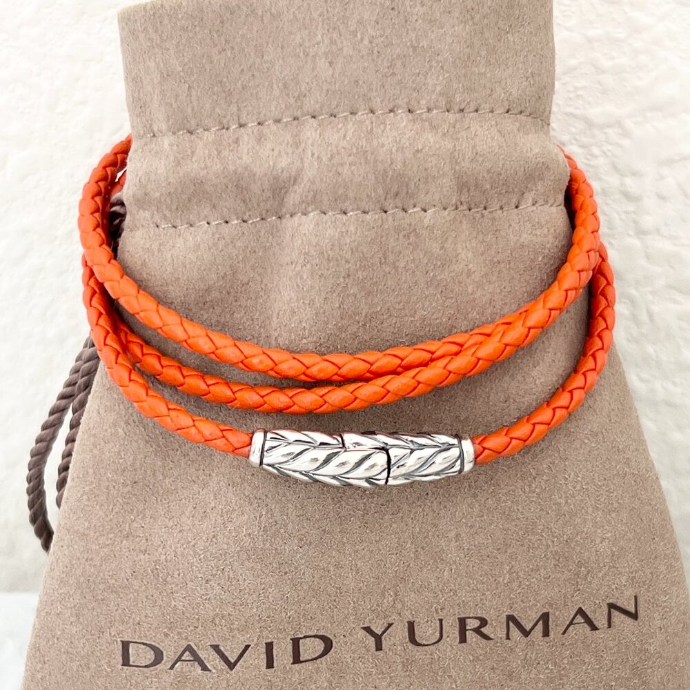 David Yurman Sterling Silver Chevron Triple Wrap Orange Leather Bracelet Small